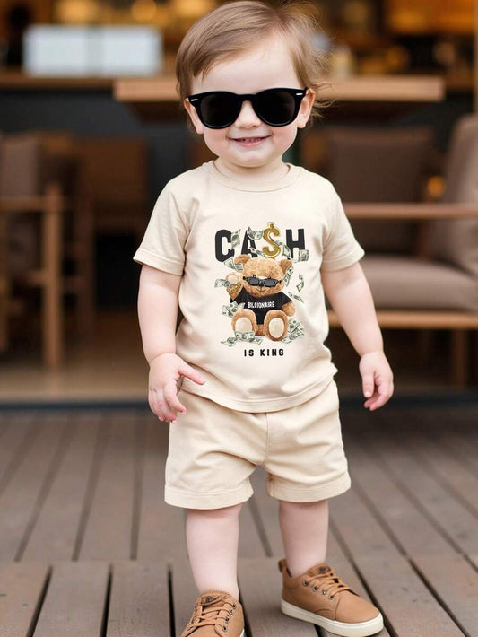 Playful Pals Toddler Boy Bear Motif Shirt and Distressed Jean Shorts Suit