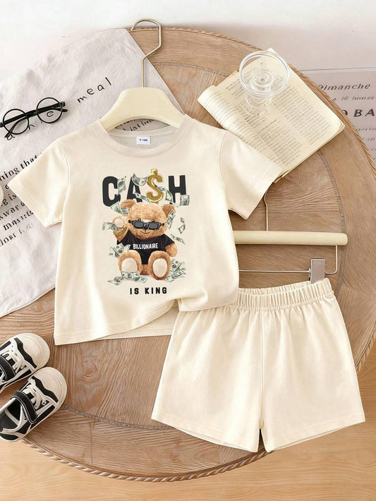 Playful Pals Toddler Boy Bear Motif Shirt and Distressed Jean Shorts Suit