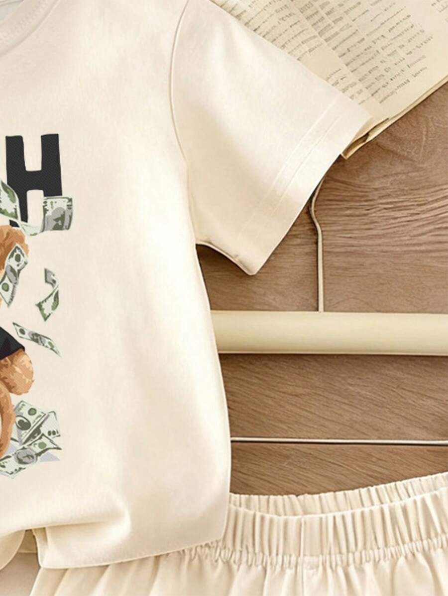 Playful Pals Toddler Boy Bear Motif Shirt and Distressed Jean Shorts Suit
