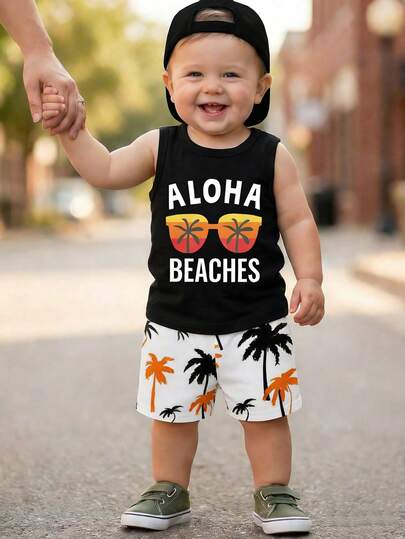 Baby Boy Letter Print Tank Top and Palm Tree Print Shorts 3 Piece Summer Outfit Set with Sunglasses
