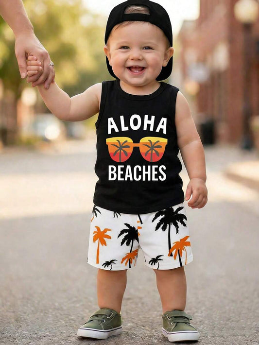 Baby Boy Letter Print Tank Top and Palm Tree Print Shorts 3 Piece Summer Outfit Set with Sunglasses