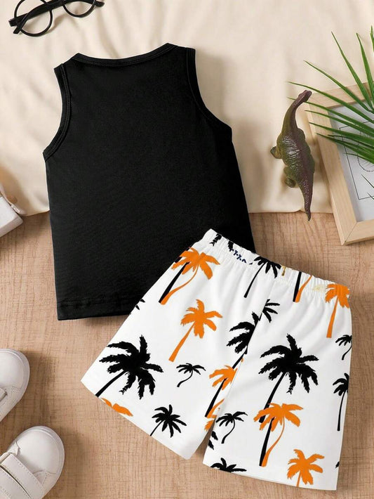 Baby Boy Letter Print Tank Top and Palm Tree Print Shorts 3 Piece Summer Outfit Set with Sunglasses