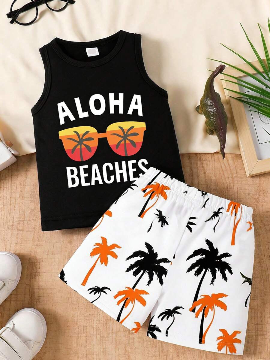 Baby Boy Letter Print Tank Top and Palm Tree Print Shorts 3 Piece Summer Outfit Set with Sunglasses