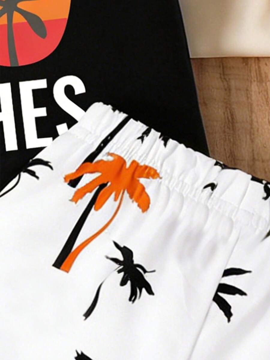 Baby Boy Letter Print Tank Top and Palm Tree Print Shorts 3 Piece Summer Outfit Set with Sunglasses