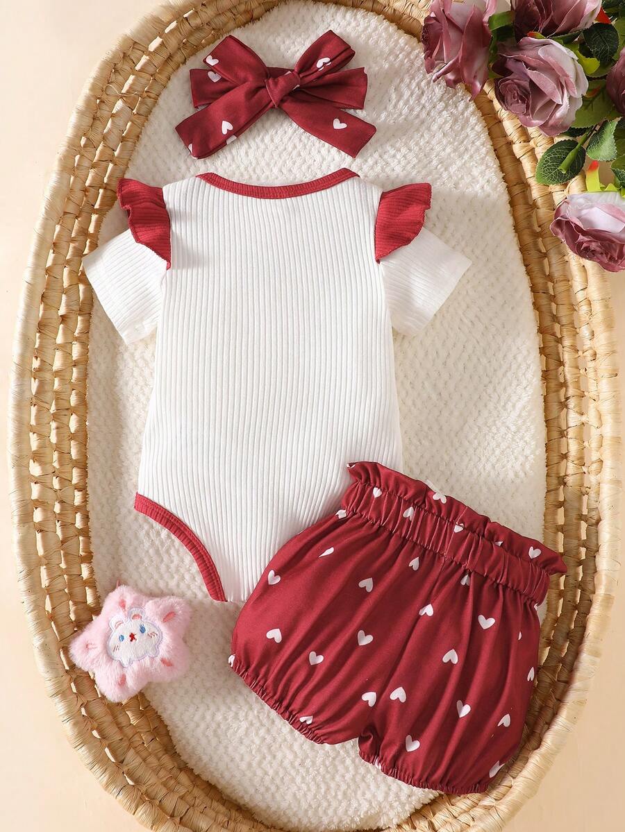 Cute Kids 3-Piece Casual Outfit Set For Toddlers – Embroidery Bodysuit, Soft Pants & Matching Bow Headband