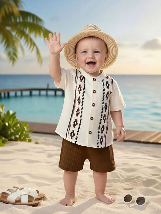 Summer Outing Baby Boy 2-Piece Printed Shirt and Comfortable Shorts Set