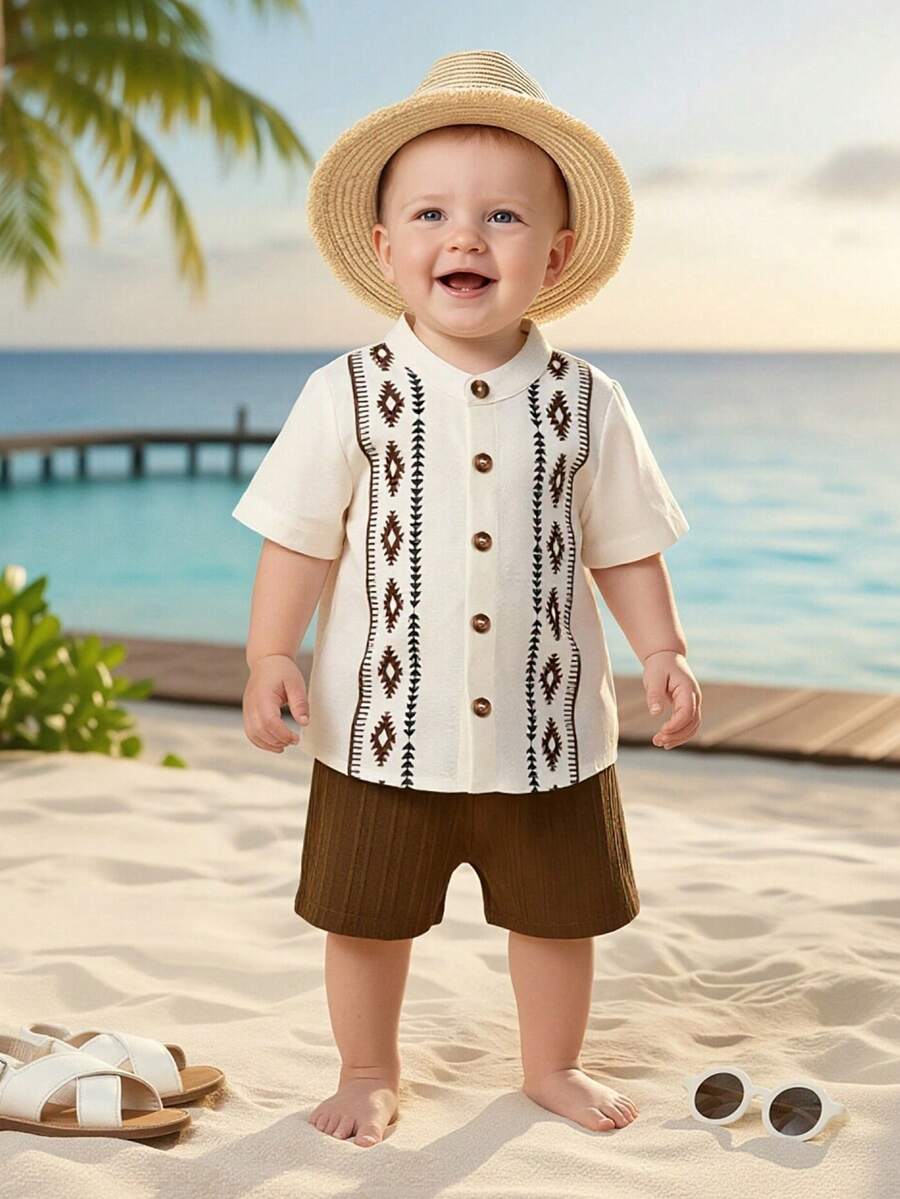 Summer Outing Baby Boy 2-Piece Printed Shirt and Comfortable Shorts Set