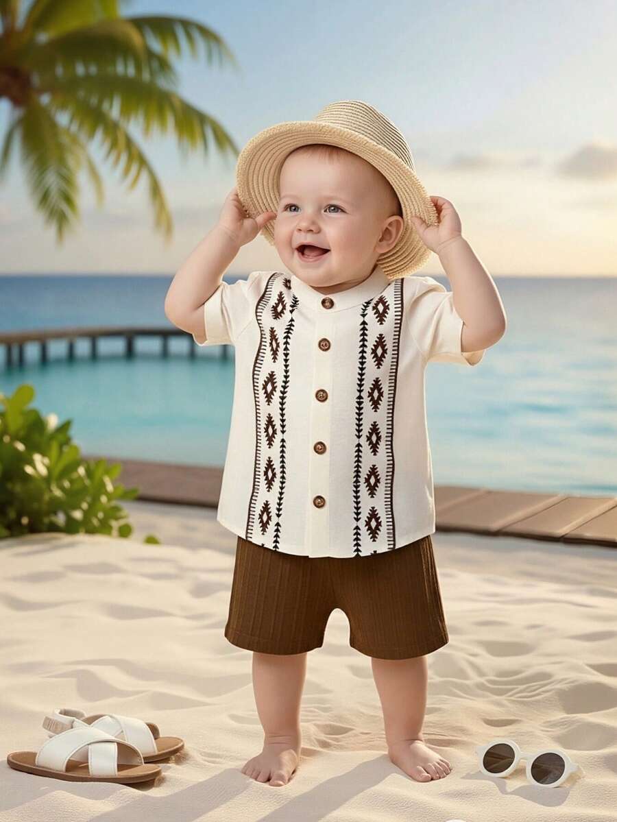 Summer Outing Baby Boy 2-Piece Printed Shirt and Comfortable Shorts Set