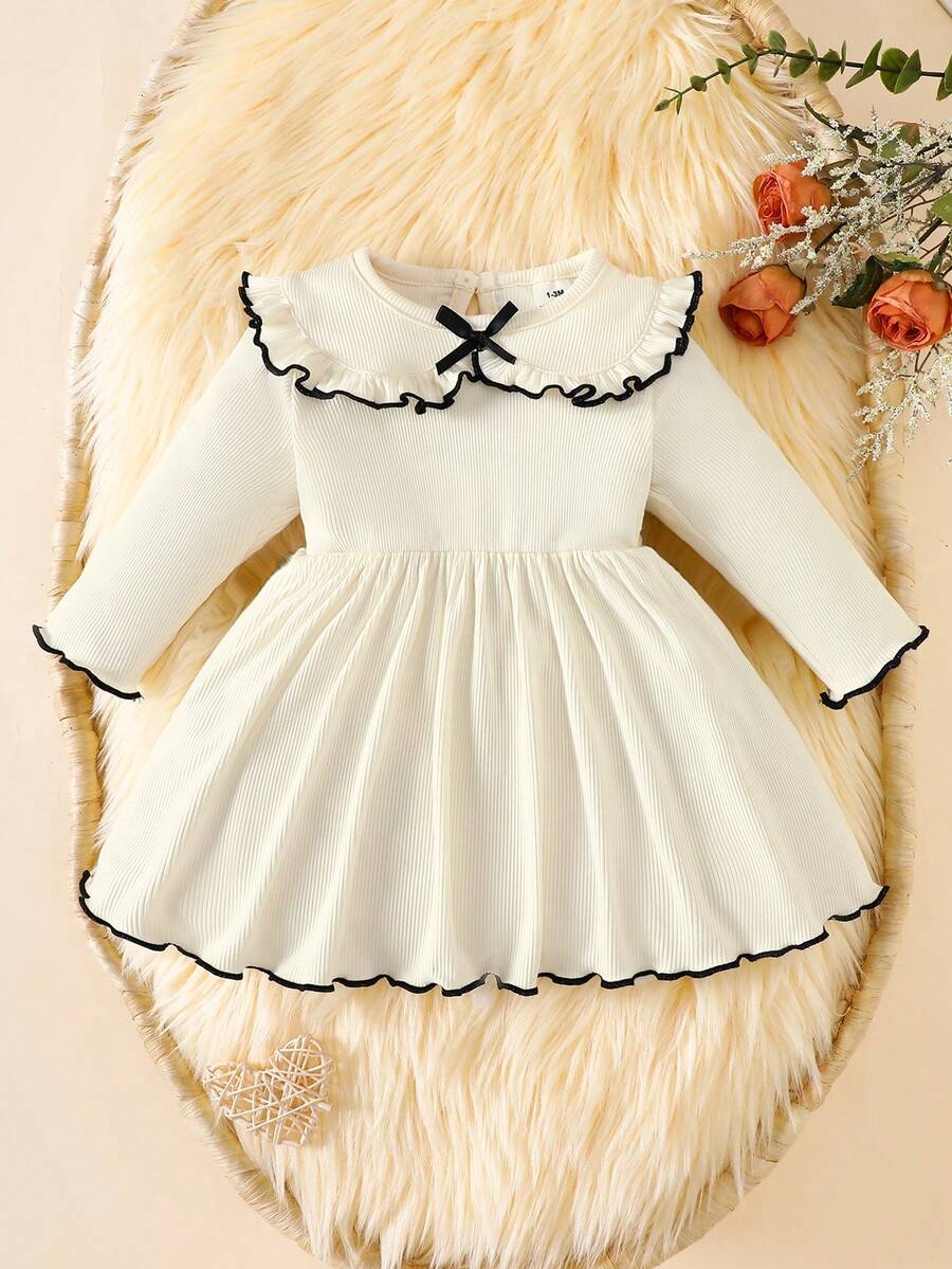 Baby Bow Contrast Doll Collar Dress for Elegant Fall and Winter Daily Wear