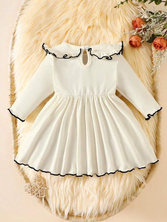 Baby Bow Contrast Doll Collar Dress for Elegant Fall and Winter Daily Wear
