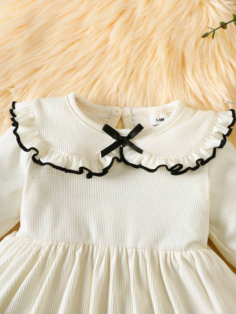 Baby Bow Contrast Doll Collar Dress for Elegant Fall and Winter Daily Wear