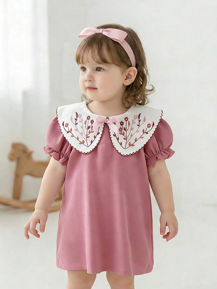 Infant Girl Peter Pan Collar Floral Embroidered Summer Dress for Casual Wear