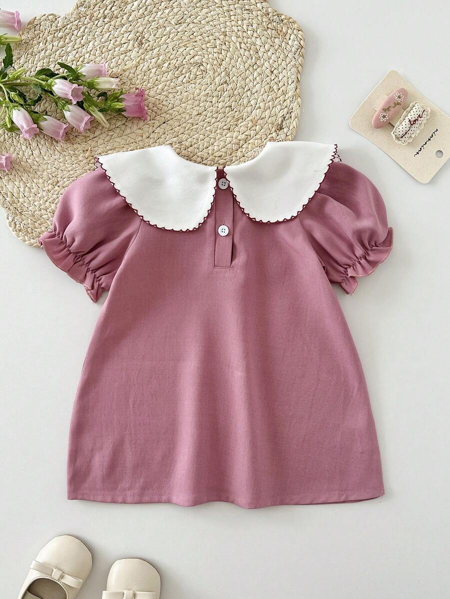 Infant Girl Peter Pan Collar Floral Embroidered Summer Dress for Casual Wear