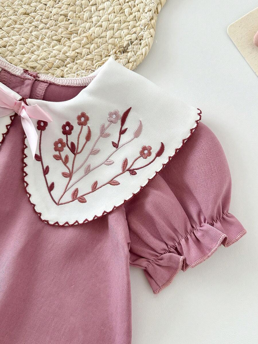 Infant Girl Peter Pan Collar Floral Embroidered Summer Dress for Casual Wear