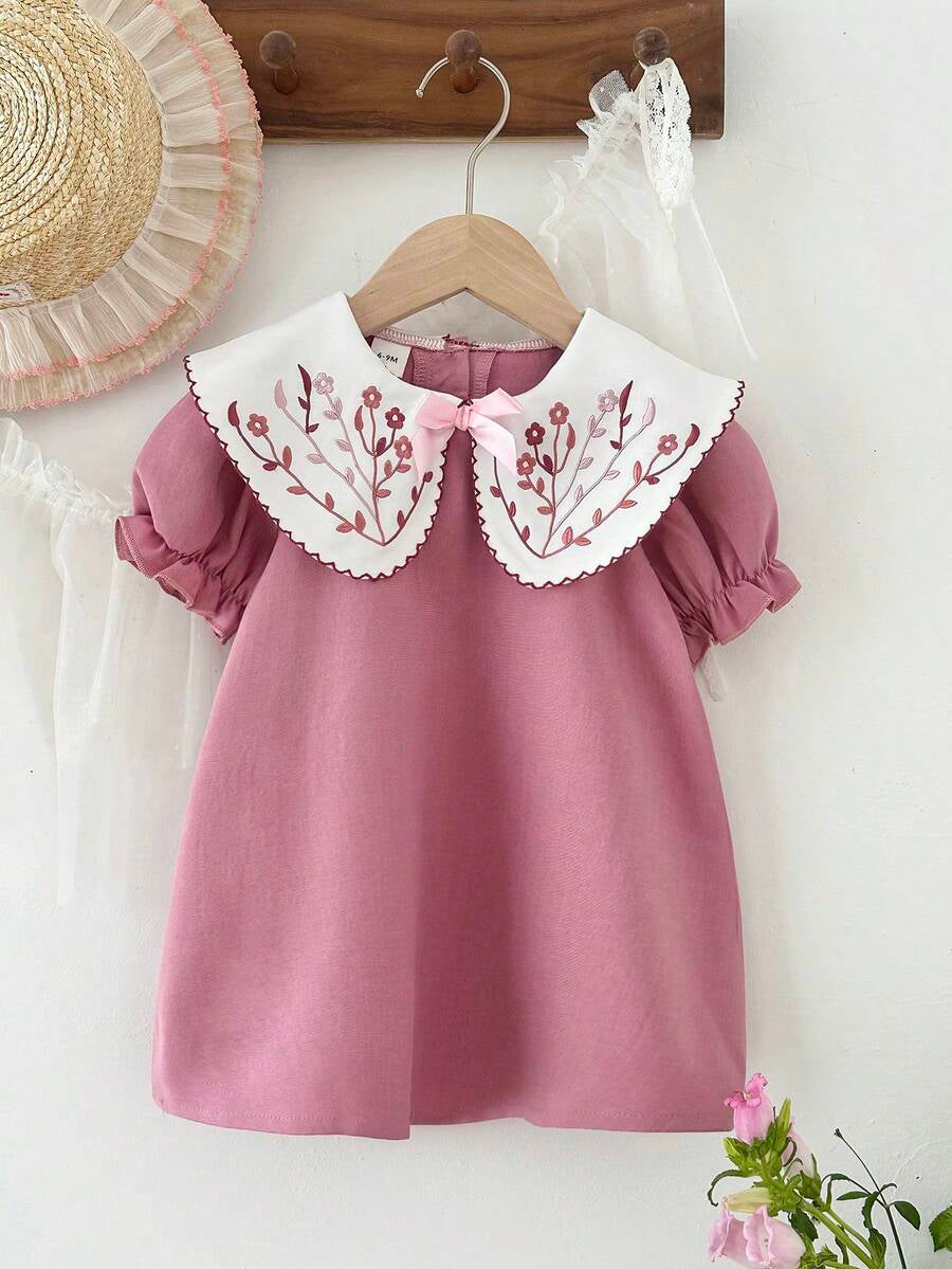 Infant Girl Peter Pan Collar Floral Embroidered Summer Dress for Casual Wear