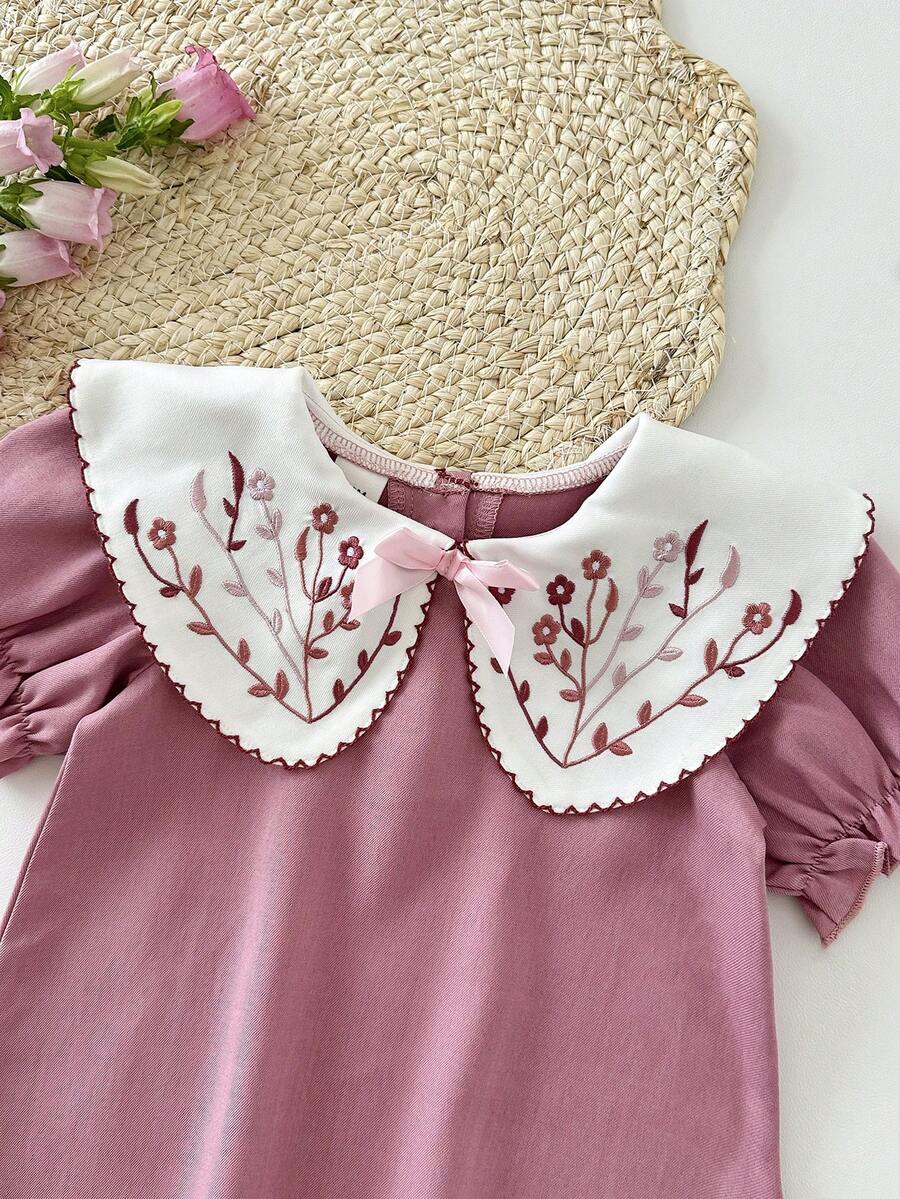 Infant Girl Peter Pan Collar Floral Embroidered Summer Dress for Casual Wear