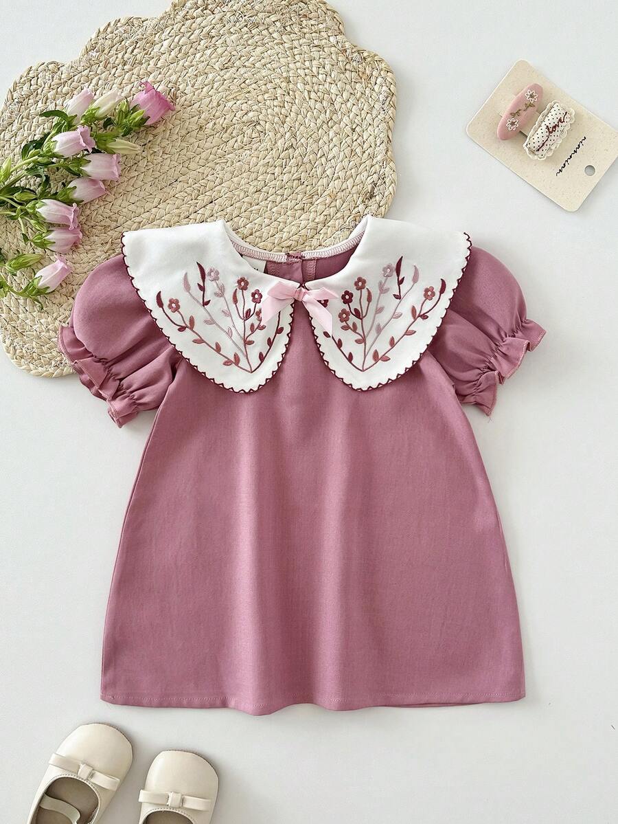 Infant Girl Peter Pan Collar Floral Embroidered Summer Dress for Casual Wear