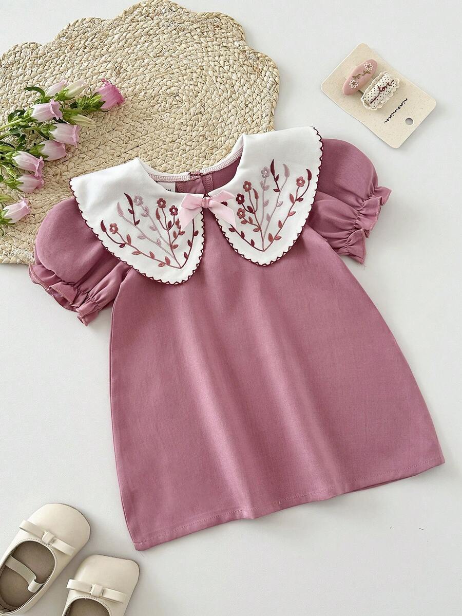 Infant Girl Peter Pan Collar Floral Embroidered Summer Dress for Casual Wear