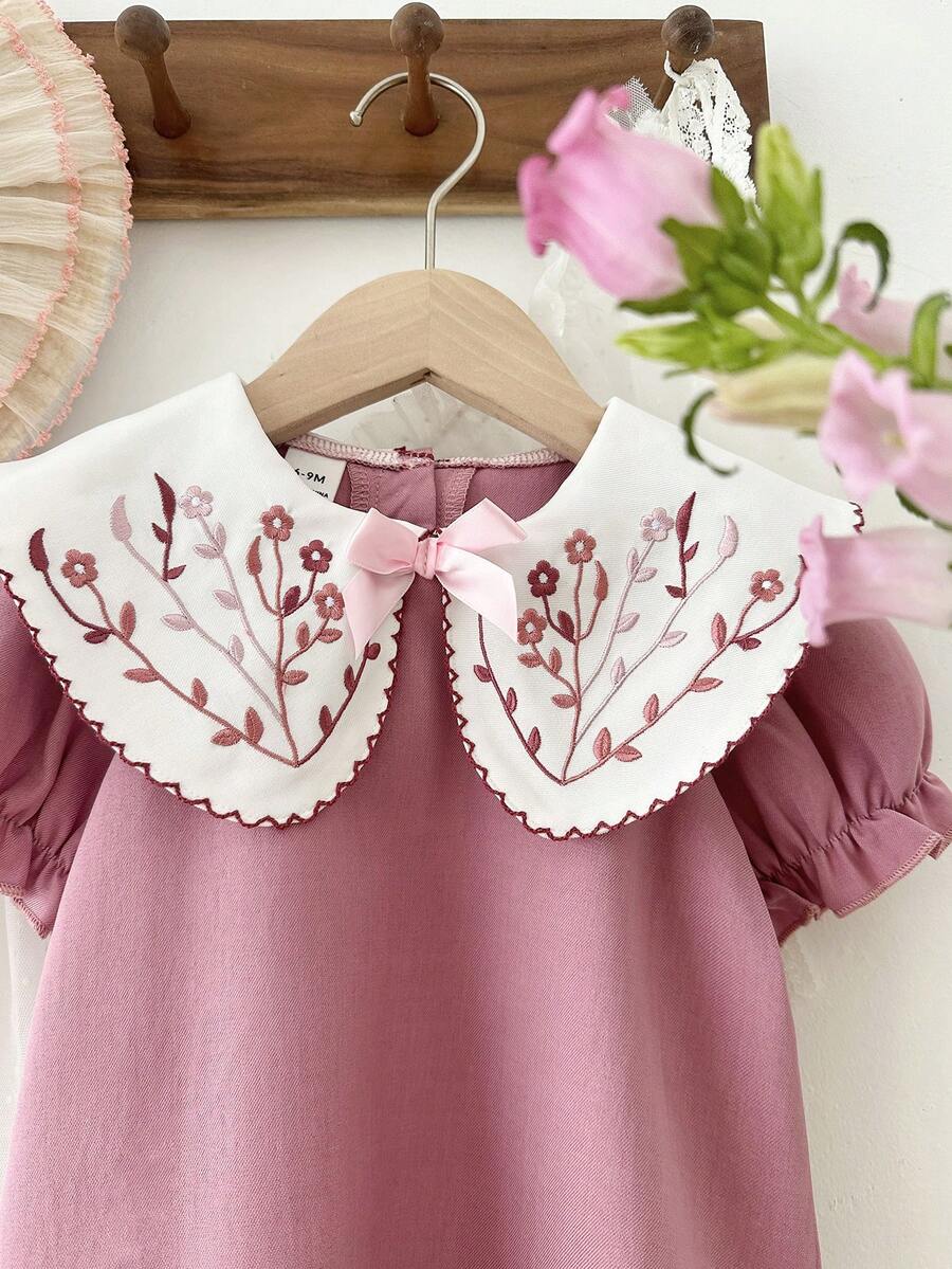 Infant Girl Peter Pan Collar Floral Embroidered Summer Dress for Casual Wear