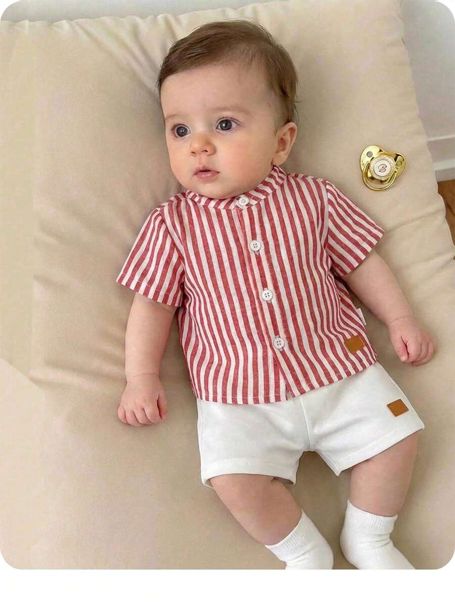 Striped Short Sleeve Shirt and Elastic Waist Shorts Set for Cute Summer Daily Wear