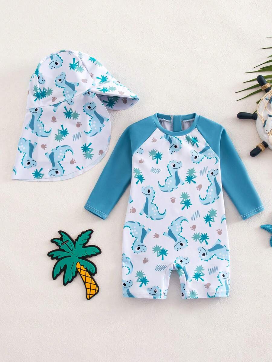 Baby Coconut Tree Print Long Sleeve Swimsuit Set with Matching Sun Hat