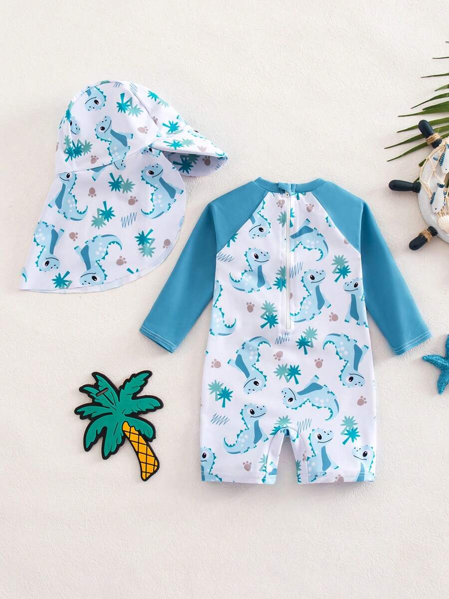 Baby Coconut Tree Print Long Sleeve Swimsuit Set with Matching Sun Hat