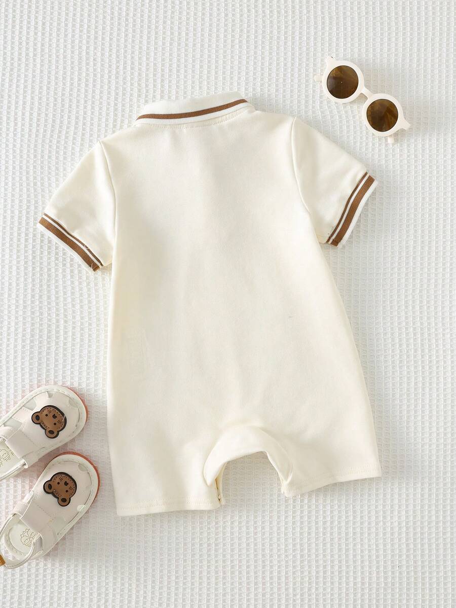 Unisex Newborn Baby Contrast Color Jacquard Polo Collar Half Zip Short Sleeve Jumpsuit Summer Outfit