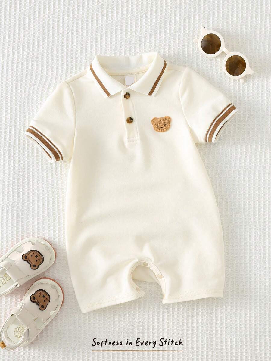 Unisex Newborn Baby Contrast Color Jacquard Polo Collar Half Zip Short Sleeve Jumpsuit Summer Outfit