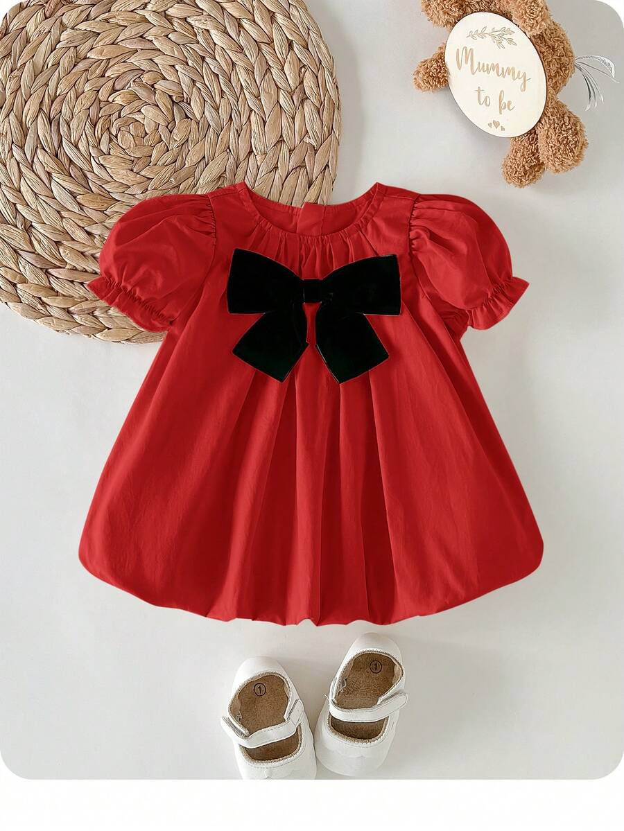 Baby Apricot Bowknot Long Sleeve Dress for Cute Daily and Outdoor Wear
