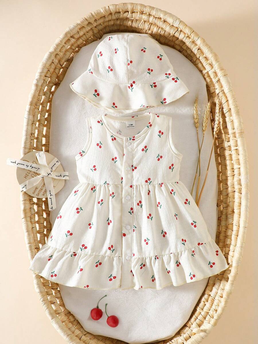 Baby Cherry Print Sleeveless Dress and Red Hat Set for Cute Summer Outings