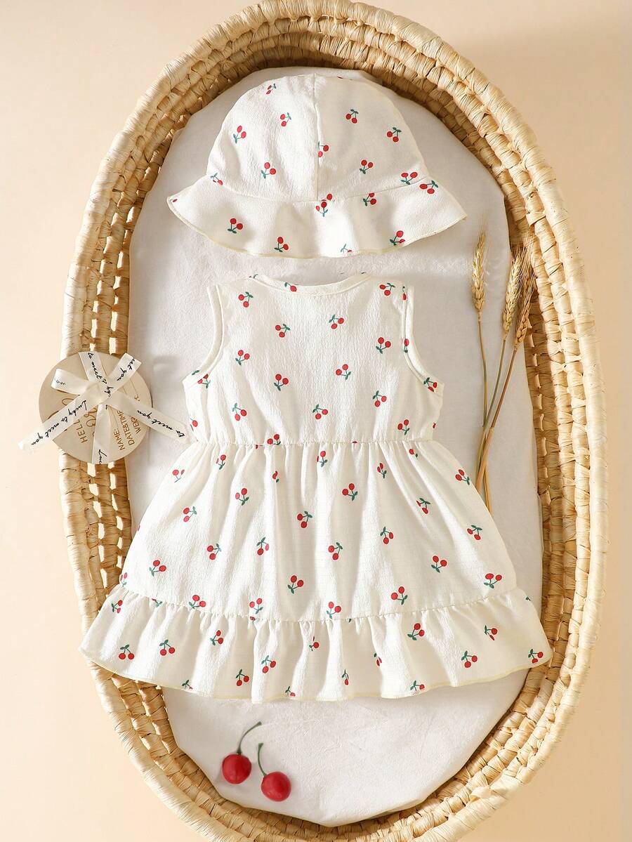 Baby Cherry Print Sleeveless Dress and Red Hat Set for Cute Summer Outings