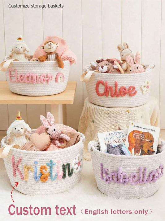 Personalized Handwoven Letter Storage Basket Colorful Embroidered Rainbow Flower Organizer for Home Decor and Gifts