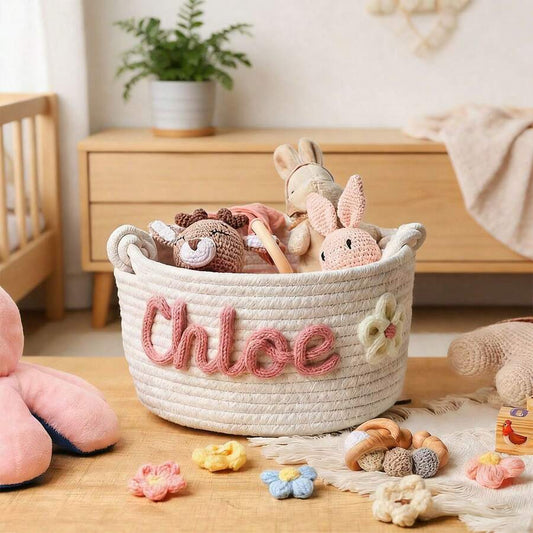 Personalized Handwoven Letter Storage Basket Colorful Embroidered Rainbow Flower Organizer for Home Decor and Gifts