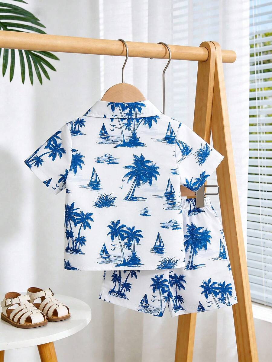 2pcs/Set Baby Boy Tropical Plant Pattern Vacation Outfit (6M-3T)