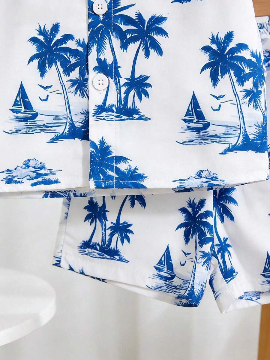 2pcs/Set Baby Boy Tropical Plant Pattern Vacation Outfit (6M-3T)