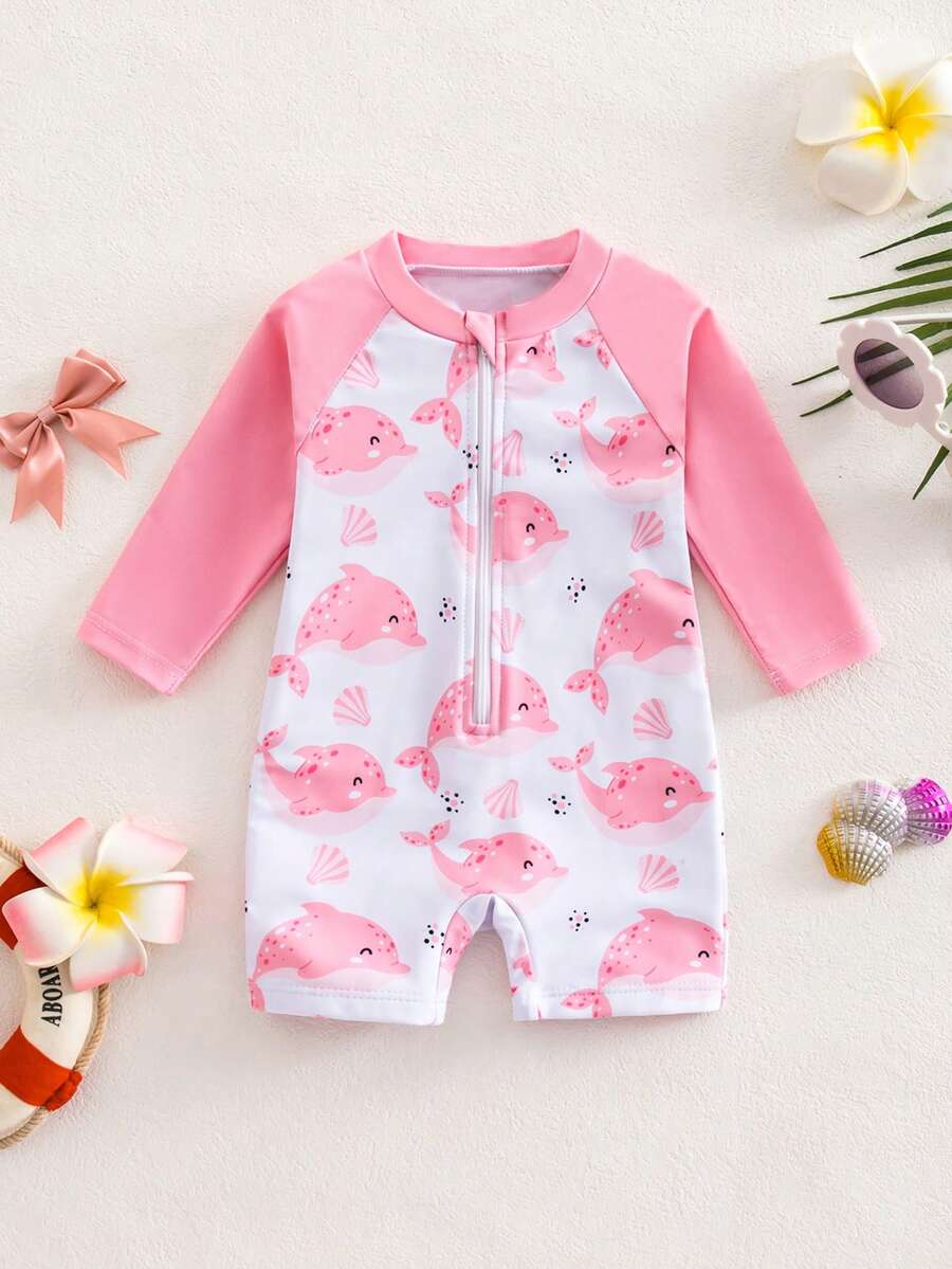 Baby Shark Print Long Sleeve One-Piece Swimsuit