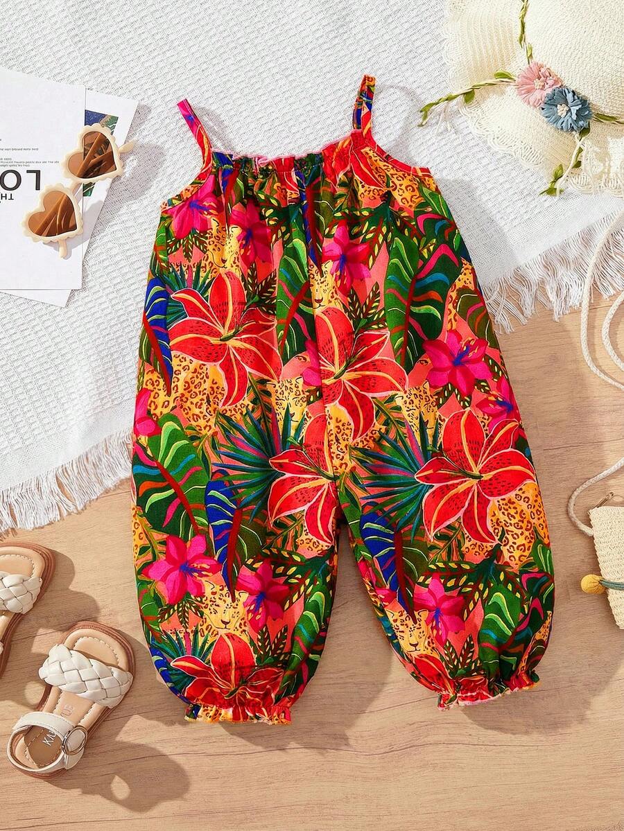 Baby Girl Tropical Floral Sleeveless Jumpsuit Hawaiian Vacation Summer Outfit