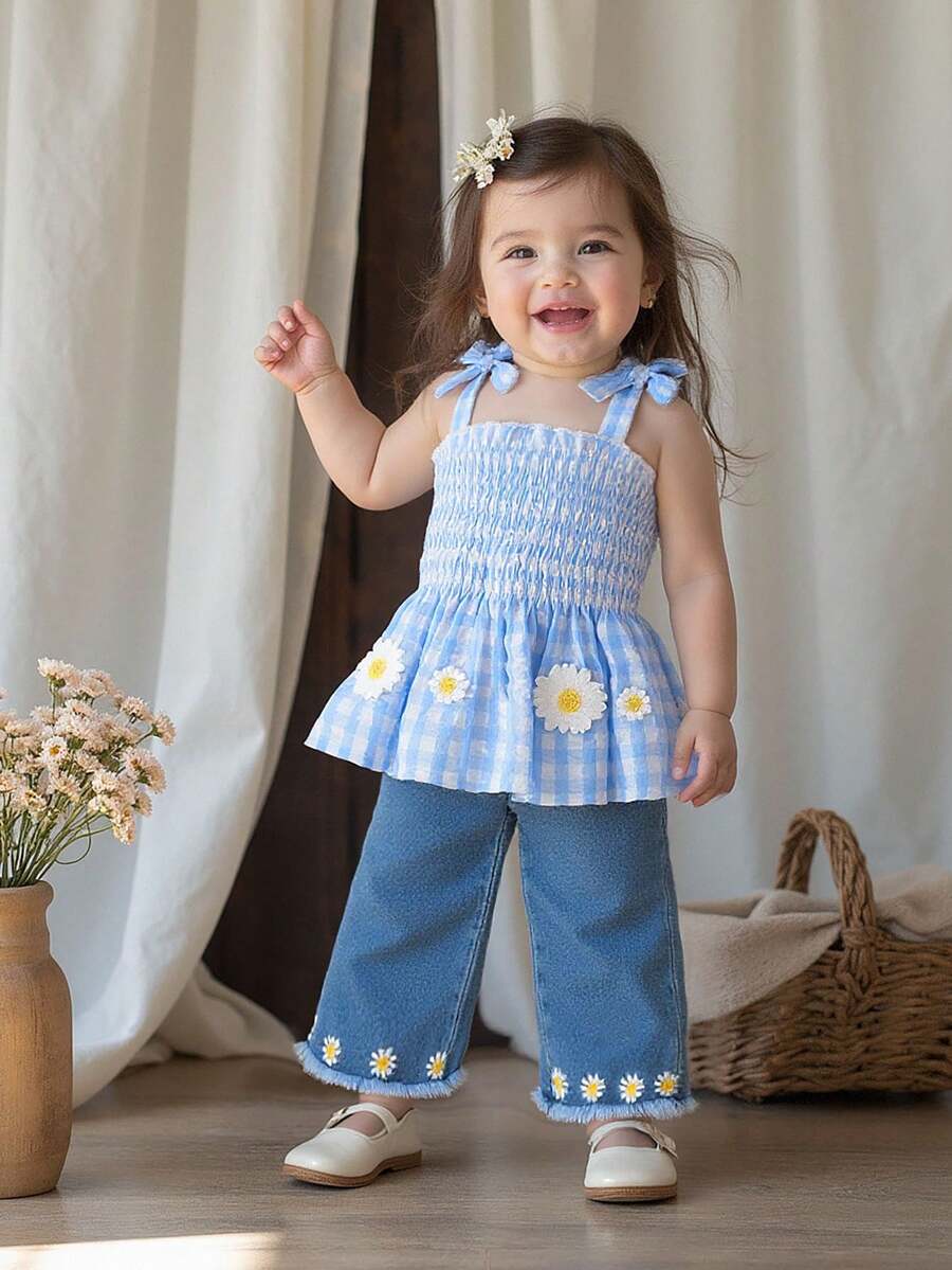 Infant Girls 2pcs Plaid Suspender Top and Embroidered Denim Pants Set