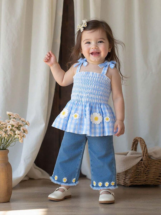 Infant Girls 2pcs Plaid Suspender Top and Embroidered Denim Pants Set