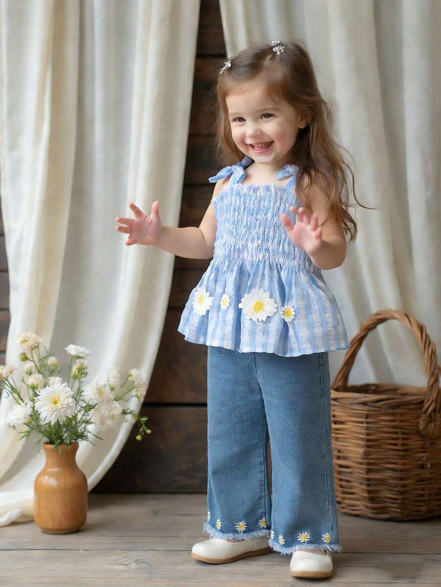 Infant Girls 2pcs Plaid Suspender Top and Embroidered Denim Pants Set