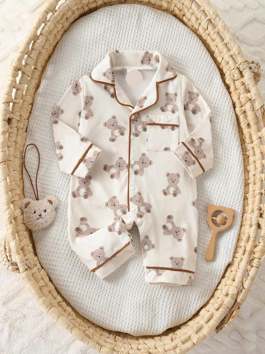 Baby Boy Bear Print Romper and Pants Set with Long Sleeve Snap Up Design