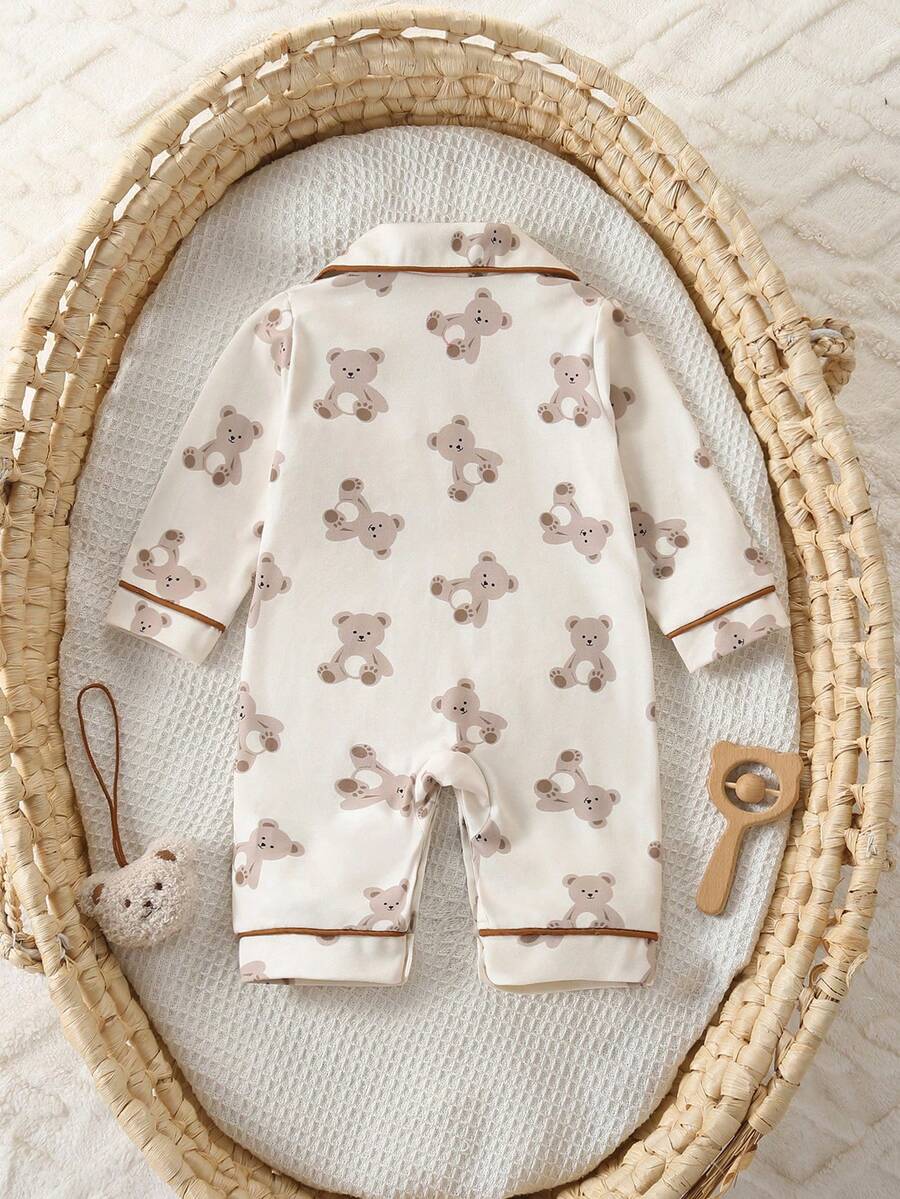 Baby Boy Bear Print Romper and Pants Set with Long Sleeve Snap Up Design