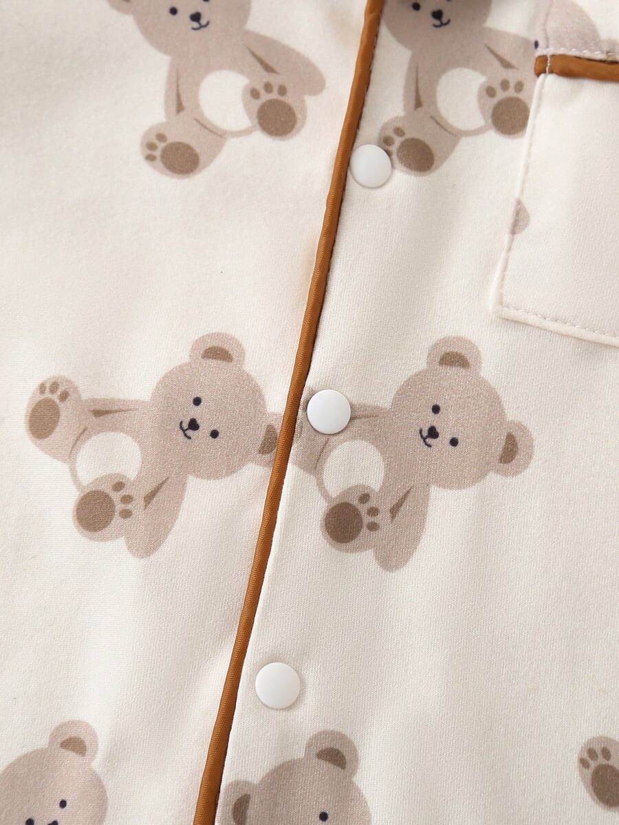 Baby Boy Bear Print Romper and Pants Set with Long Sleeve Snap Up Design