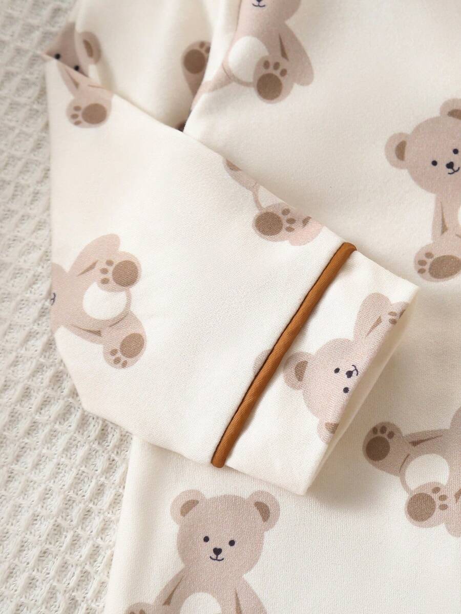 Baby Boy Bear Print Romper and Pants Set with Long Sleeve Snap Up Design