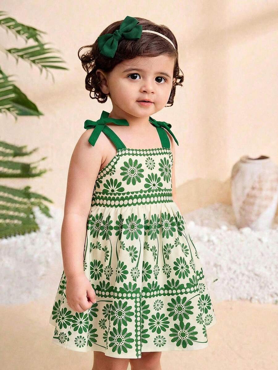 Little Girls Floral Print Sleeveless Dress With Bow Tie Waist Cute Summer Outfit