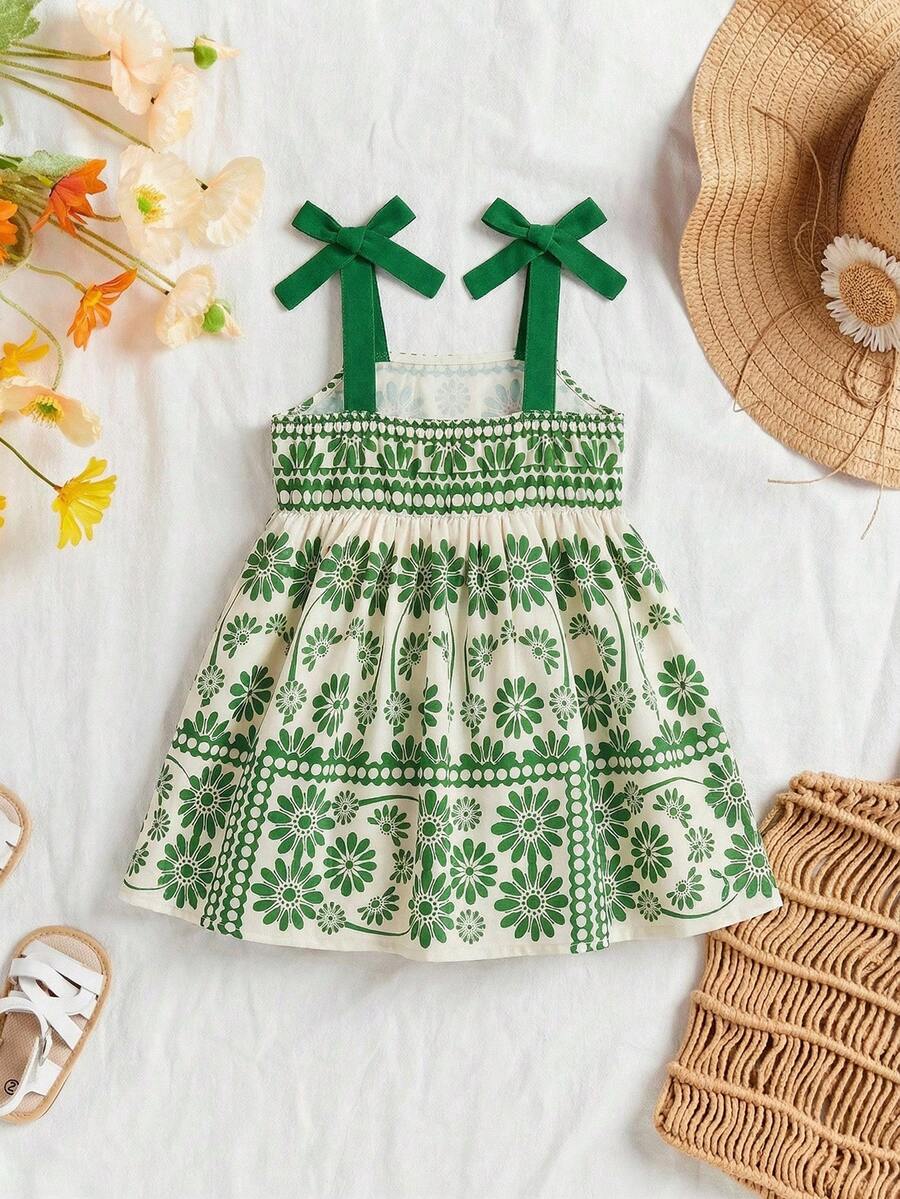 Little Girls Floral Print Sleeveless Dress With Bow Tie Waist Cute Summer Outfit