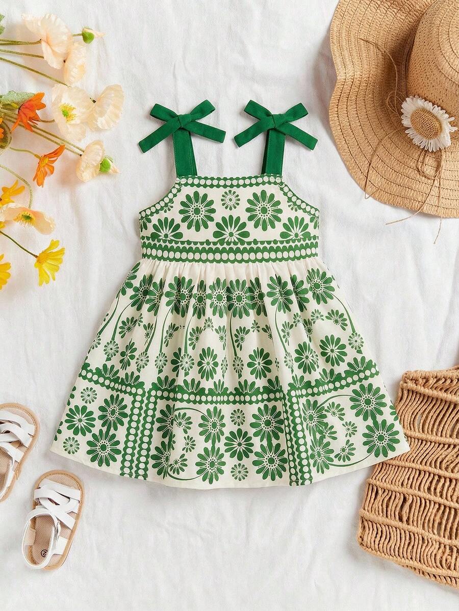 Little Girls Floral Print Sleeveless Dress With Bow Tie Waist Cute Summer Outfit