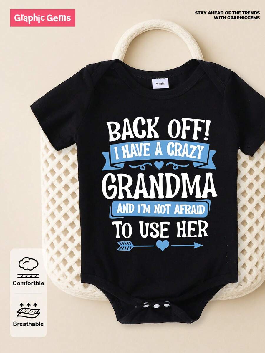 Baby Boy Funny Letter Print Short Sleeve Bodysuit Casual Summer Outfit Back Off I Have A Crazy Grandma