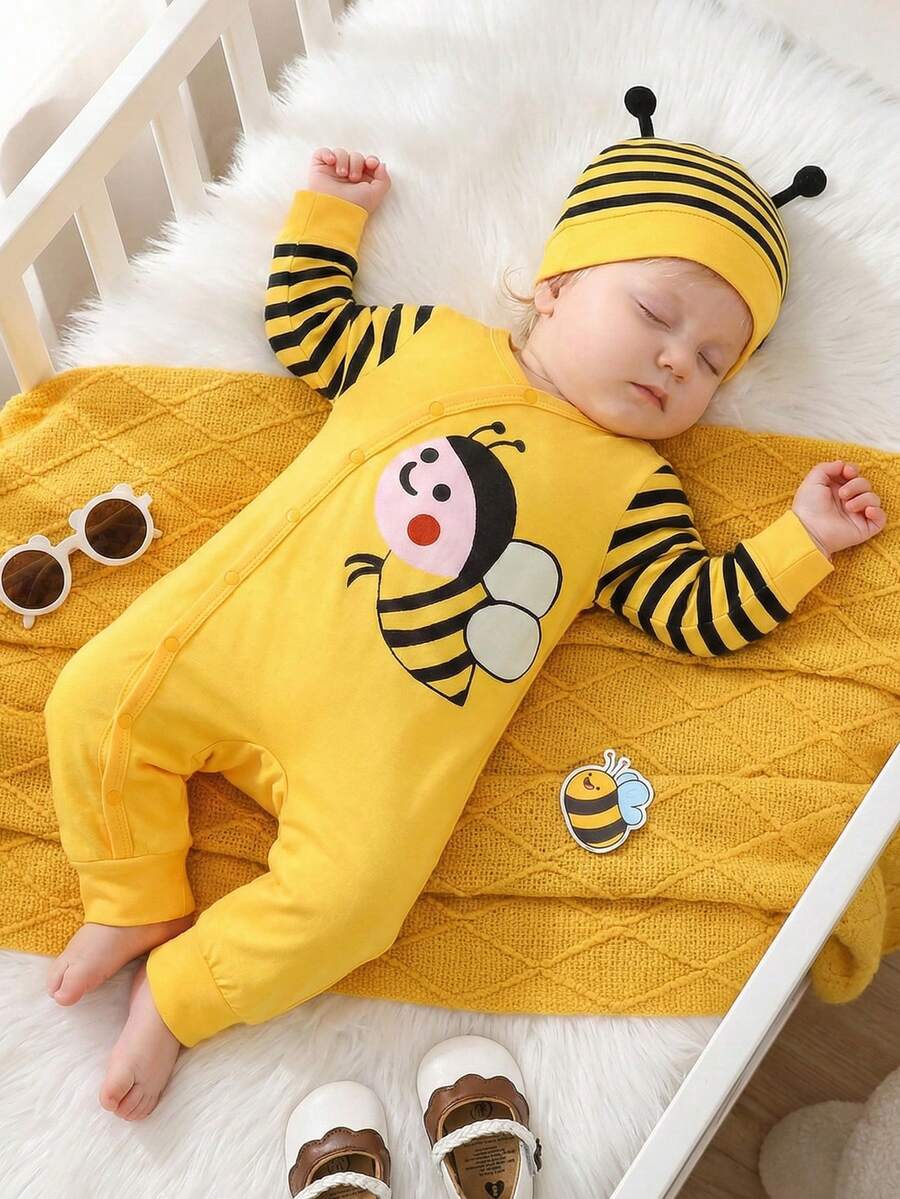 2PCS Baby Bee Print Button Jumpsuit Set with Matching Hat for Daily Wear