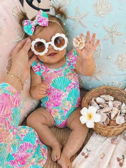 Vintage Shell Print One Piece Swimsuit For Baby Girls Summer Beach Vacation Wear